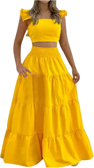 Vacation Outfits for Women Summer 2 Piece Skirt Sets Ruffle Cropped Tank Tops High Waisted Maxi Skirts Matching Sets