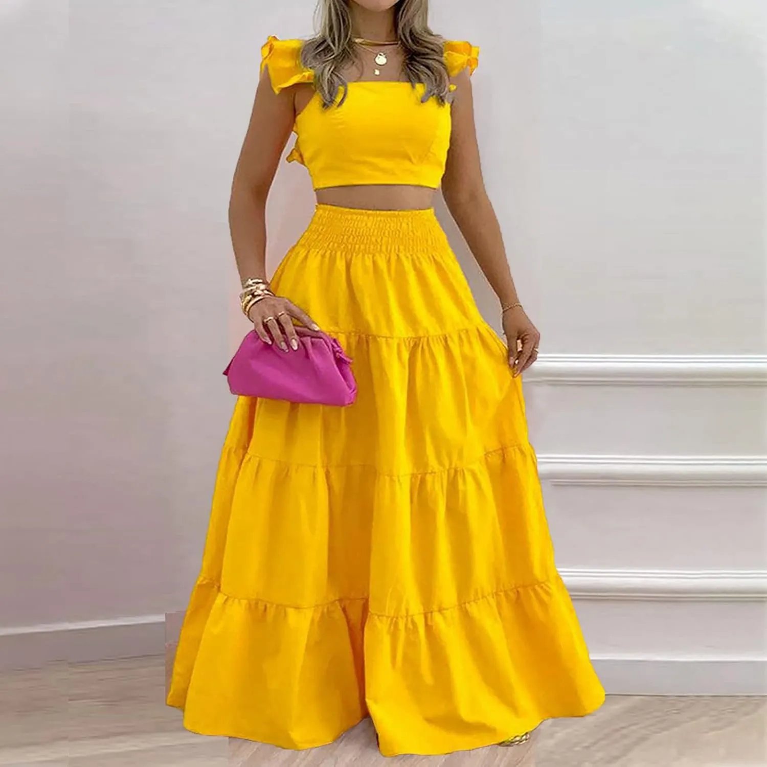 Vacation Outfits for Women Summer 2 Piece Skirt Sets Ruffle Cropped Tank Tops High Waisted Maxi Skirts Matching Sets