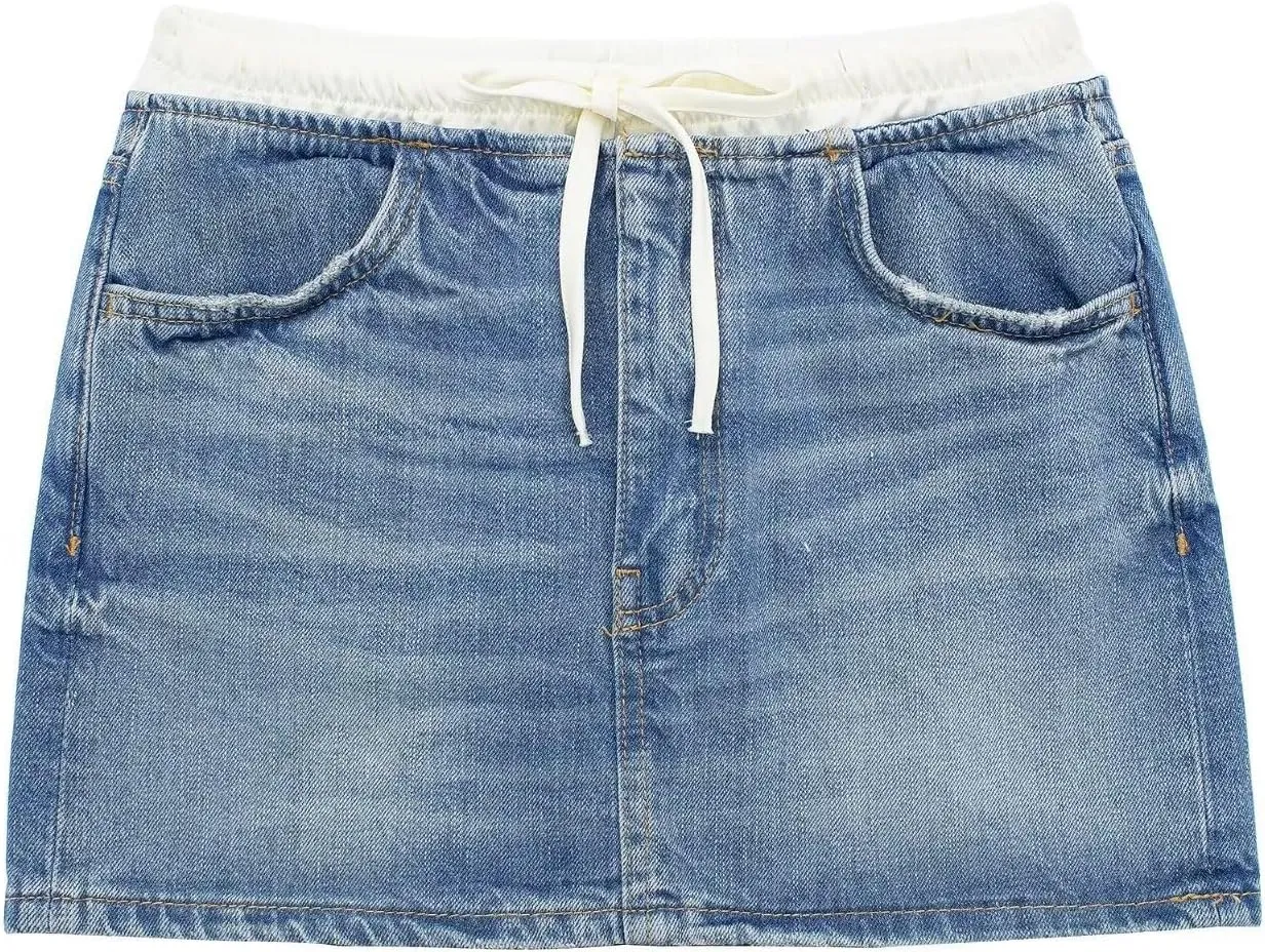 VCM Y2k Skirt Jean Skirts for Women Denim Cute Mini Skirt with Pockets High Waisted Skirt Drawstring Skirt Trendy Skirt (Blue,S,Small)