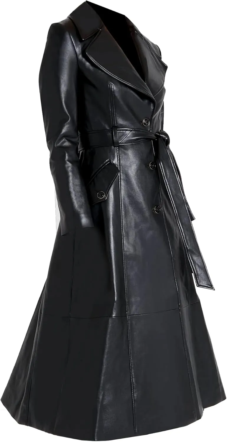 VearFit Elegance Redefined Womens Real Leather Designer Long Trench Coat - Winter Wear
