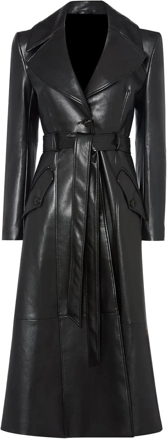 VearFit Elegance Redefined Womens Real Leather Designer Long Trench Coat - Winter Wear
