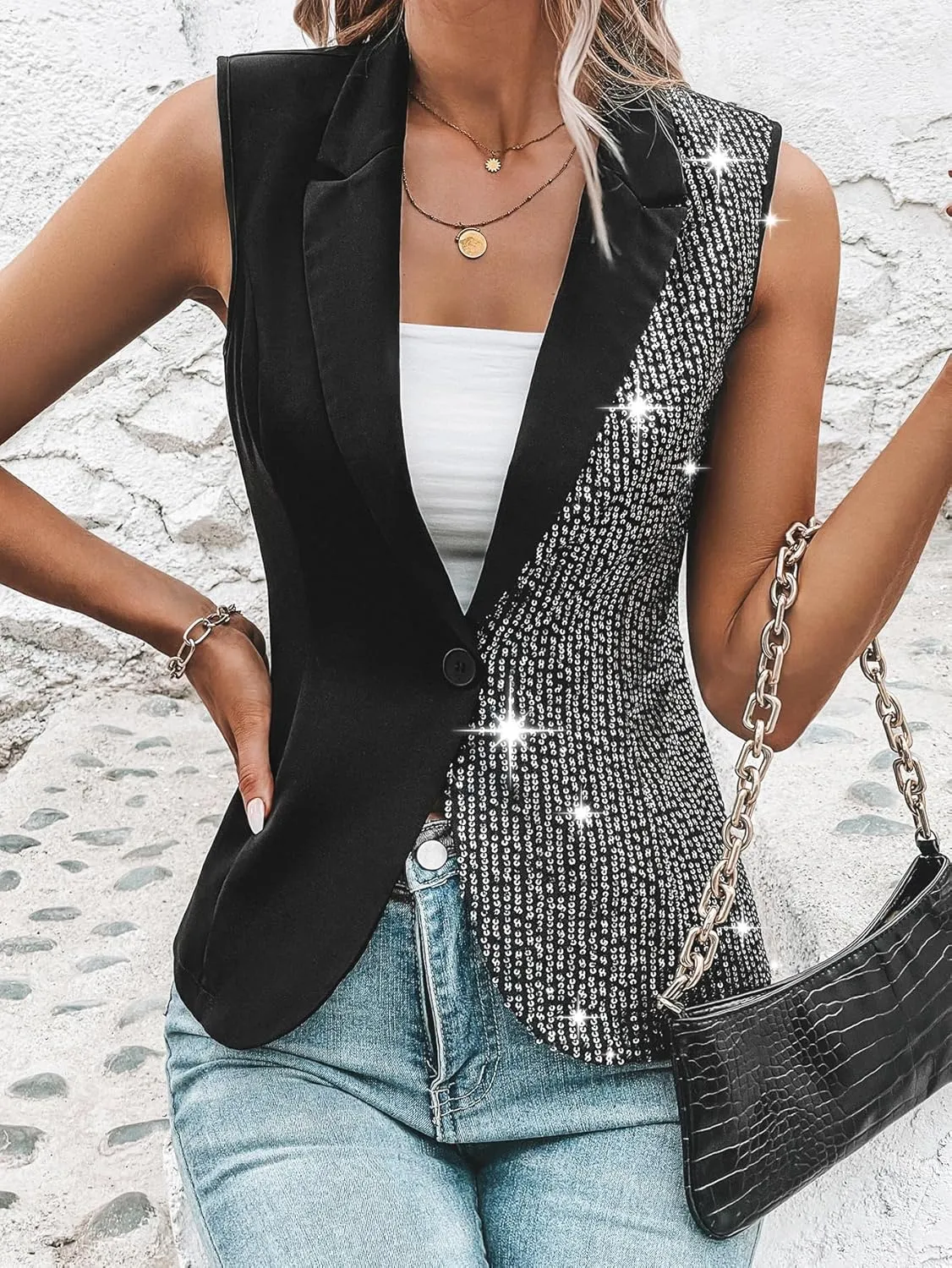 WDIRARA Women's Contrast Sequin Single Button Sleeveless Party Blazer Office Wear Vest Jacket