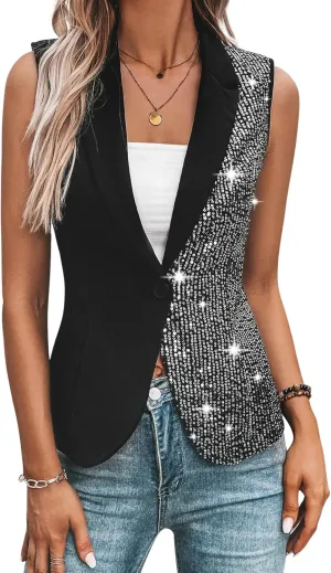WDIRARA Women's Contrast Sequin Single Button Sleeveless Party Blazer Office Wear Vest Jacket
