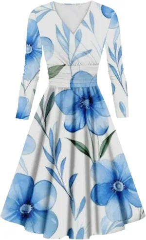 Wedding Guest Dresses for Women,Fall Outfits Ladies Fashion Casual Print Long Sleeve V-Neck Sexy Pocket Dress