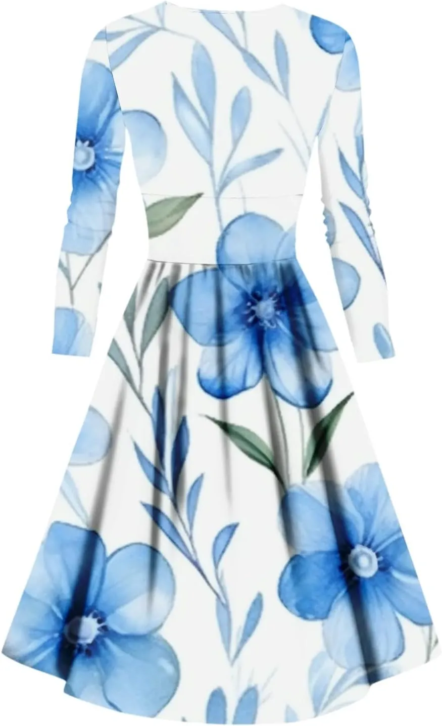 Wedding Guest Dresses for Women,Fall Outfits Ladies Fashion Casual Print Long Sleeve V-Neck Sexy Pocket Dress