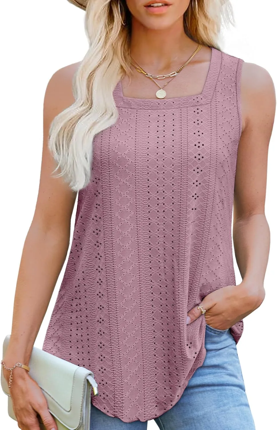 WEESO Womens Tank Tops Square Neck Sleeveless Beach Vacation Clothes Loose Fit Casual Summer Tops