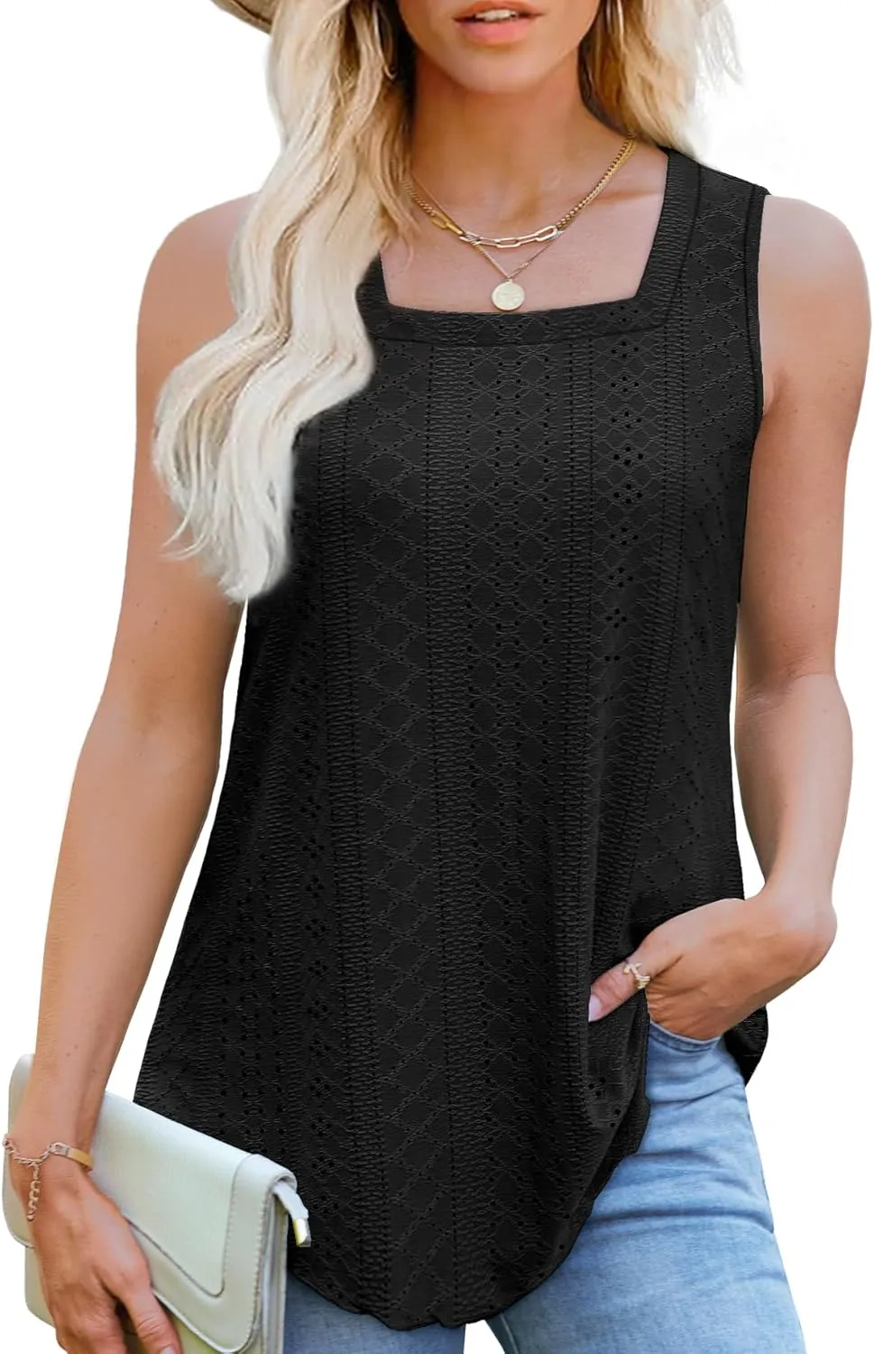 WEESO Womens Tank Tops Square Neck Sleeveless Beach Vacation Clothes Loose Fit Casual Summer Tops