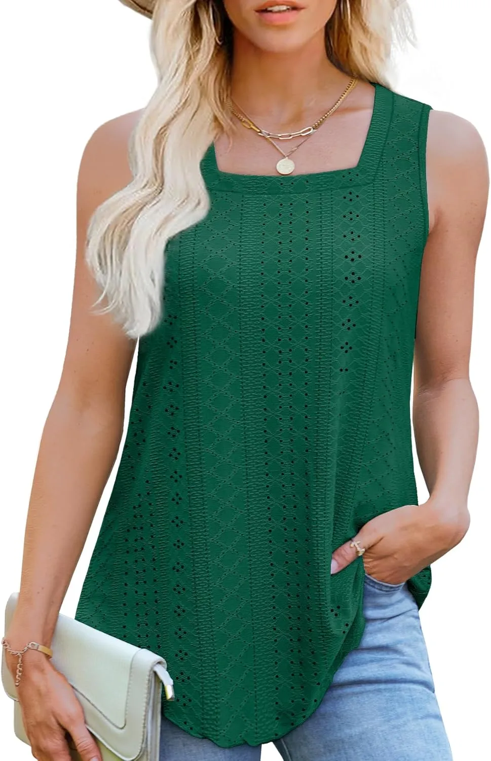 WEESO Womens Tank Tops Square Neck Sleeveless Beach Vacation Clothes Loose Fit Casual Summer Tops
