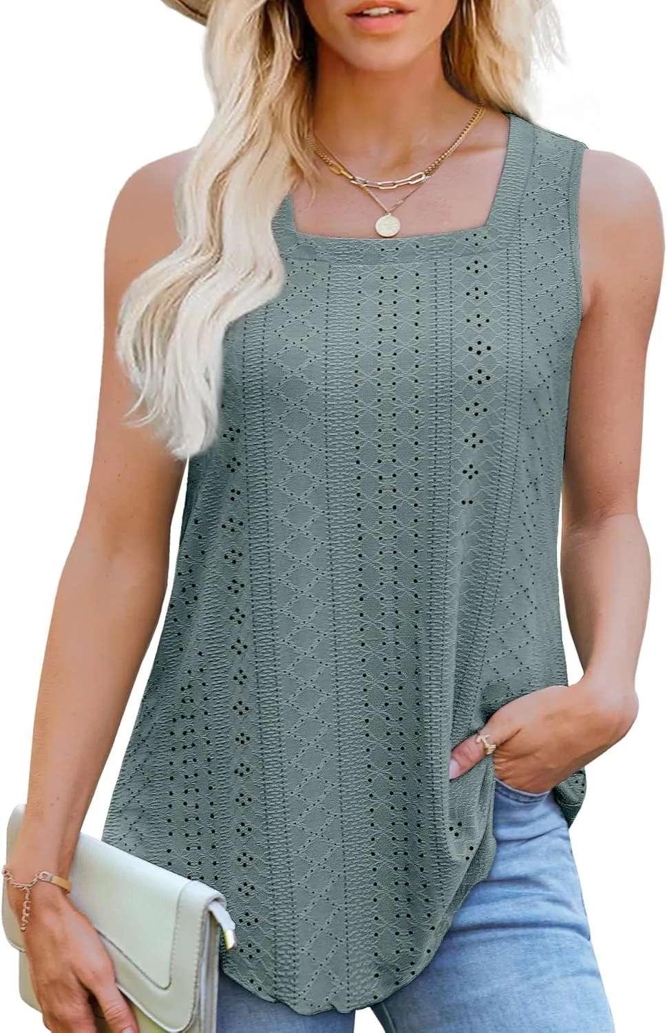WEESO Womens Tank Tops Square Neck Sleeveless Beach Vacation Clothes Loose Fit Casual Summer Tops