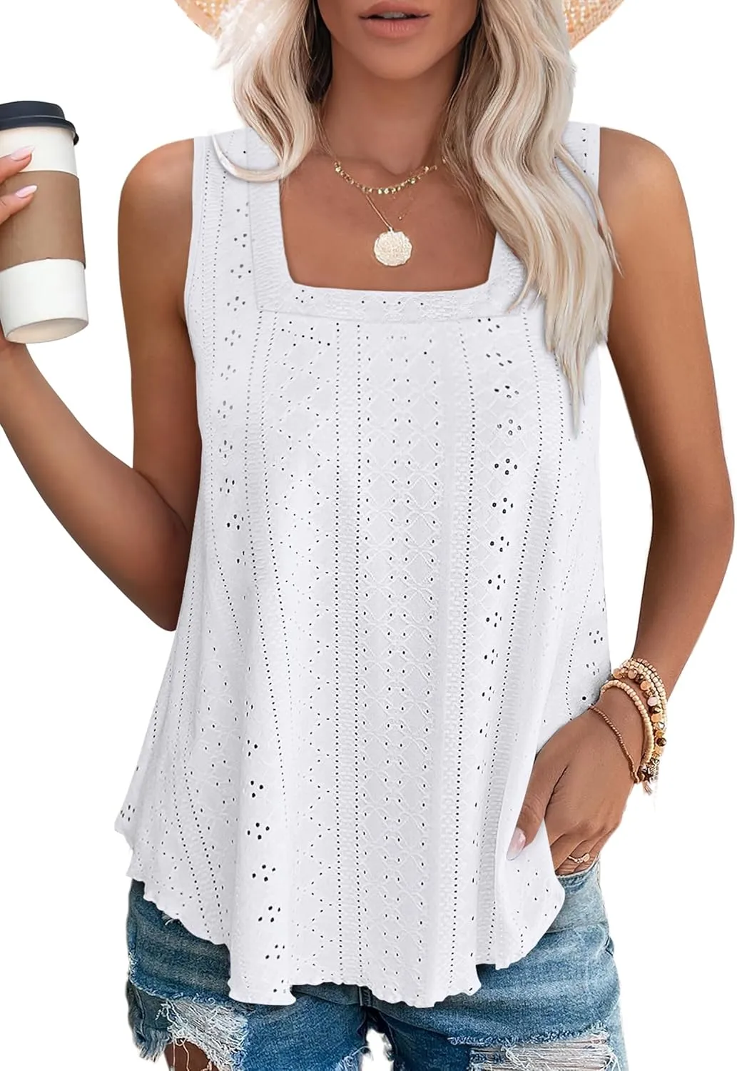 WEESO Womens Tank Tops Square Neck Sleeveless Beach Vacation Clothes Loose Fit Casual Summer Tops