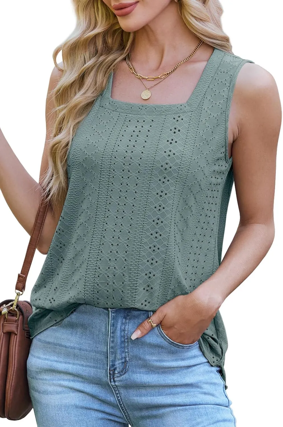 WEESO Womens Tank Tops Square Neck Sleeveless Beach Vacation Clothes Loose Fit Casual Summer Tops