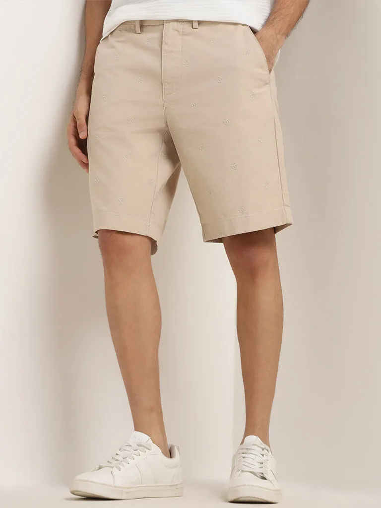 WES Casuals Beige Relaxed-Fit Mid-Rise Cotton Shorts