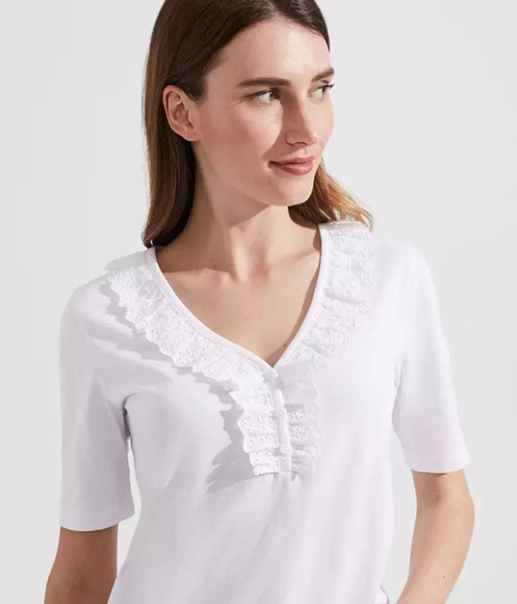 White Demi Broderie Frill Neck Top 8 10