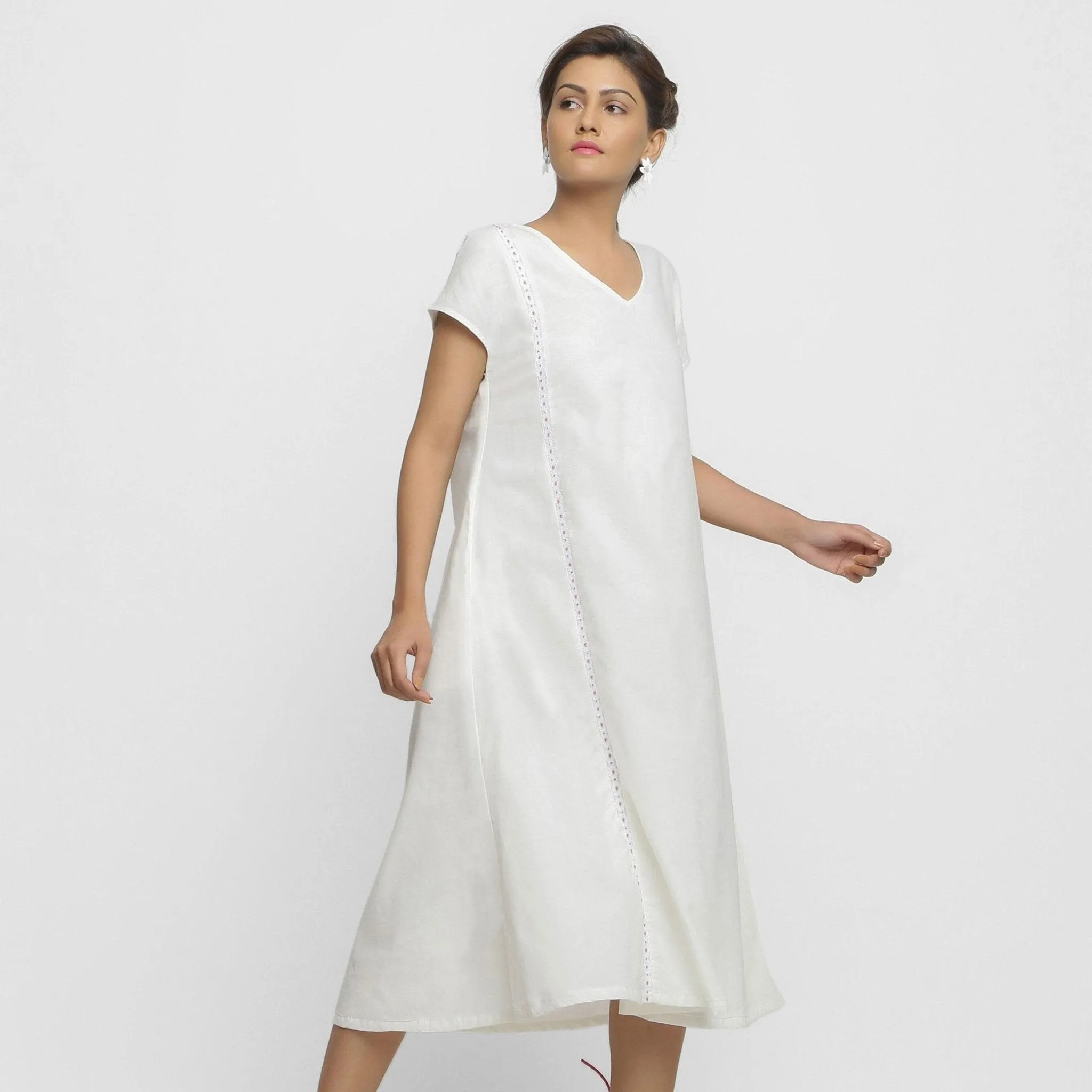 White Organic 100% Cotton Lace Midi Flared Dress