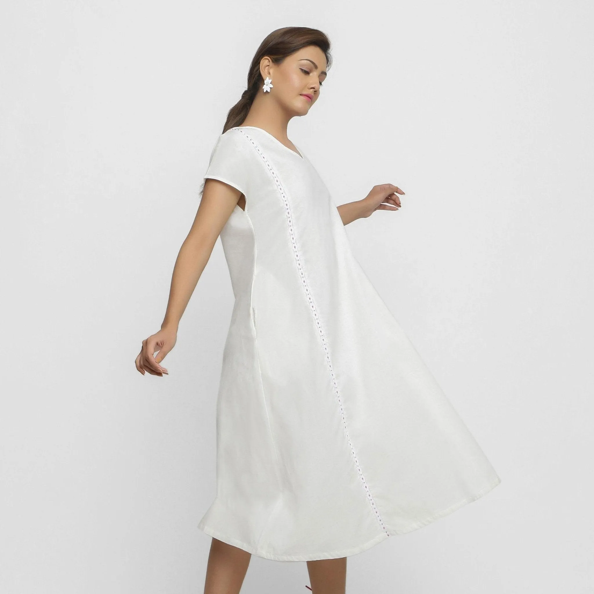 White Organic 100% Cotton Lace Midi Flared Dress