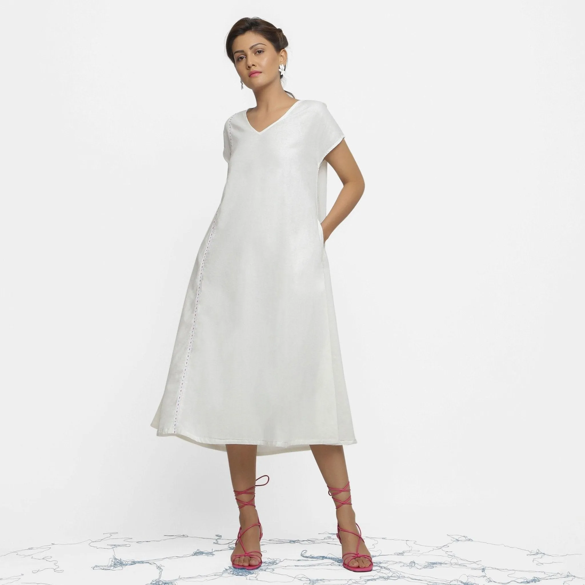 White Organic 100% Cotton Lace Midi Flared Dress