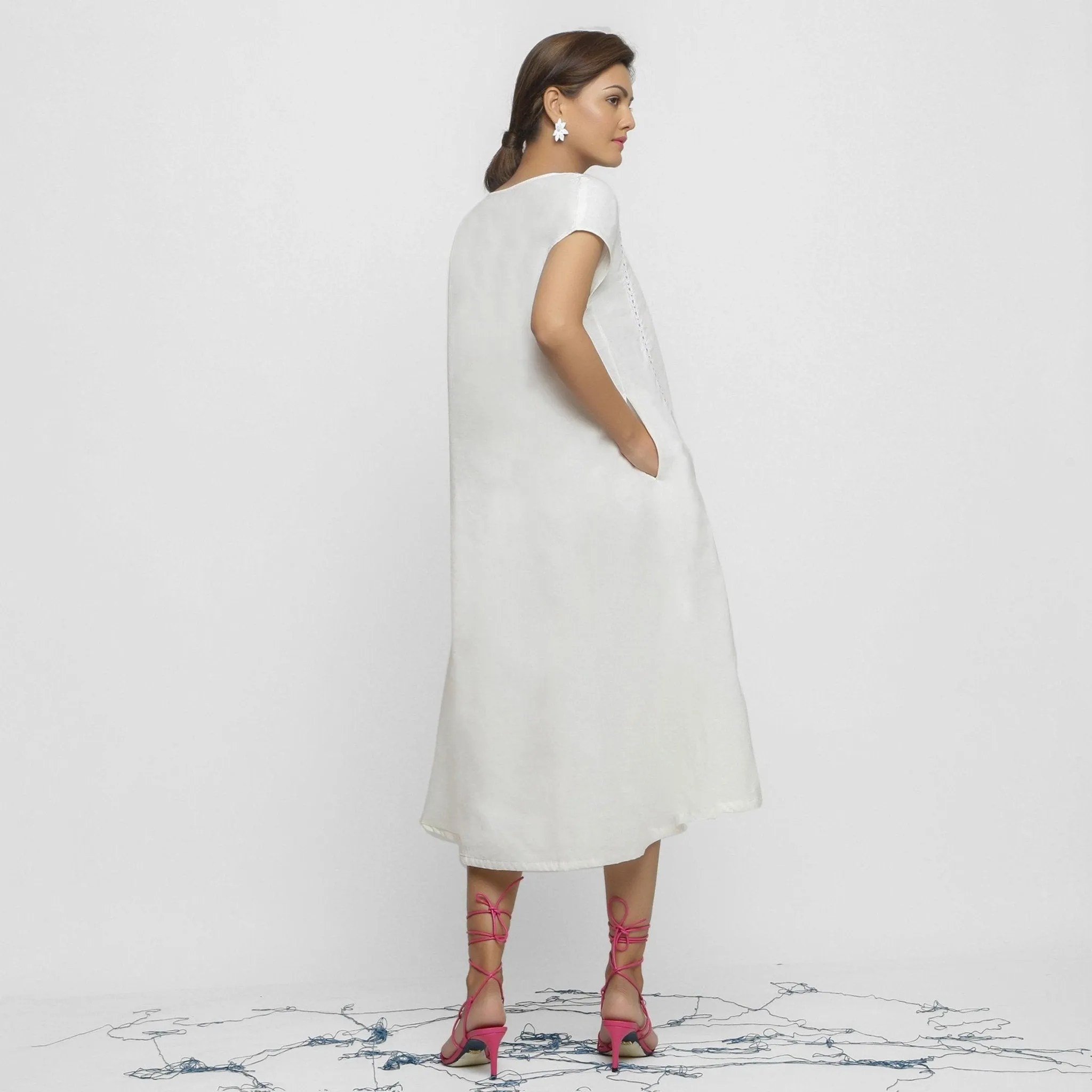White Organic 100% Cotton Lace Midi Flared Dress