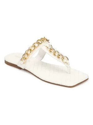 White PU Flip Flops With Gold Chain