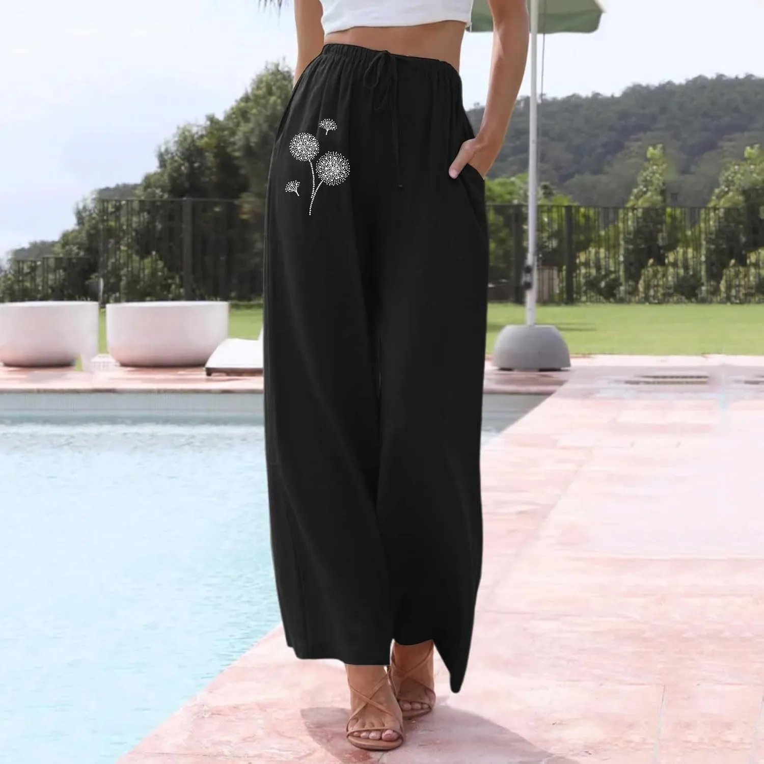 Wide Leg Pants for Women Winter Button Sports Pants with Pockets Barrel Pants Elastic Waist
