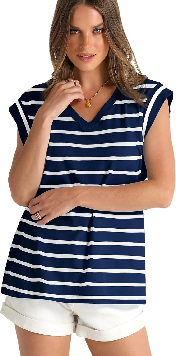 WIHOLL Womens Cap Sleeve Tops Summer V Neck Tank Basic Tee Shirts 2025 Fashion Casual Loose Fit