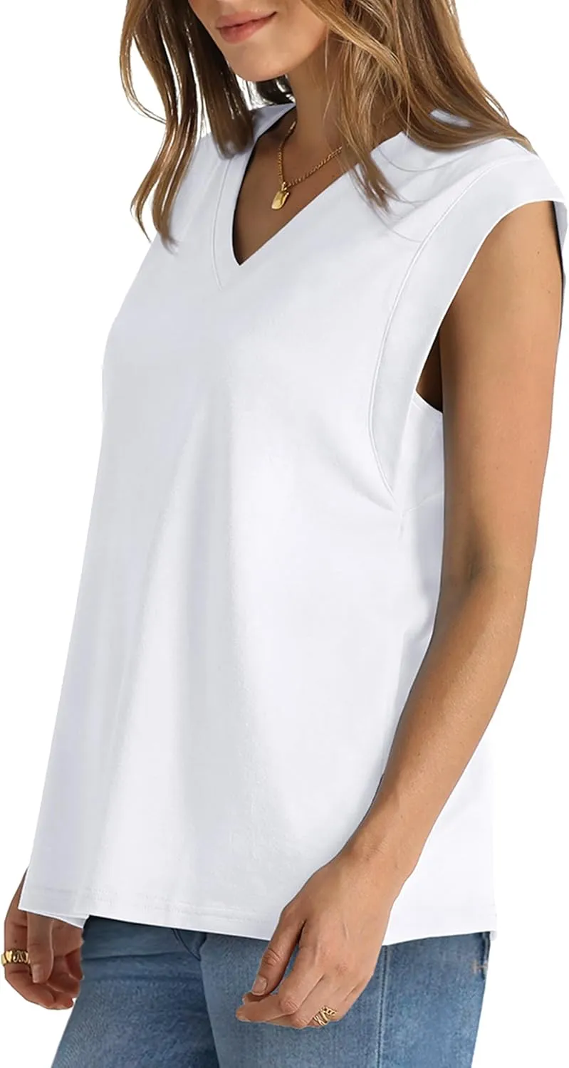 WIHOLL Womens Cap Sleeve Tops Summer V Neck Tank Basic Tee Shirts 2025 Fashion Casual Loose Fit