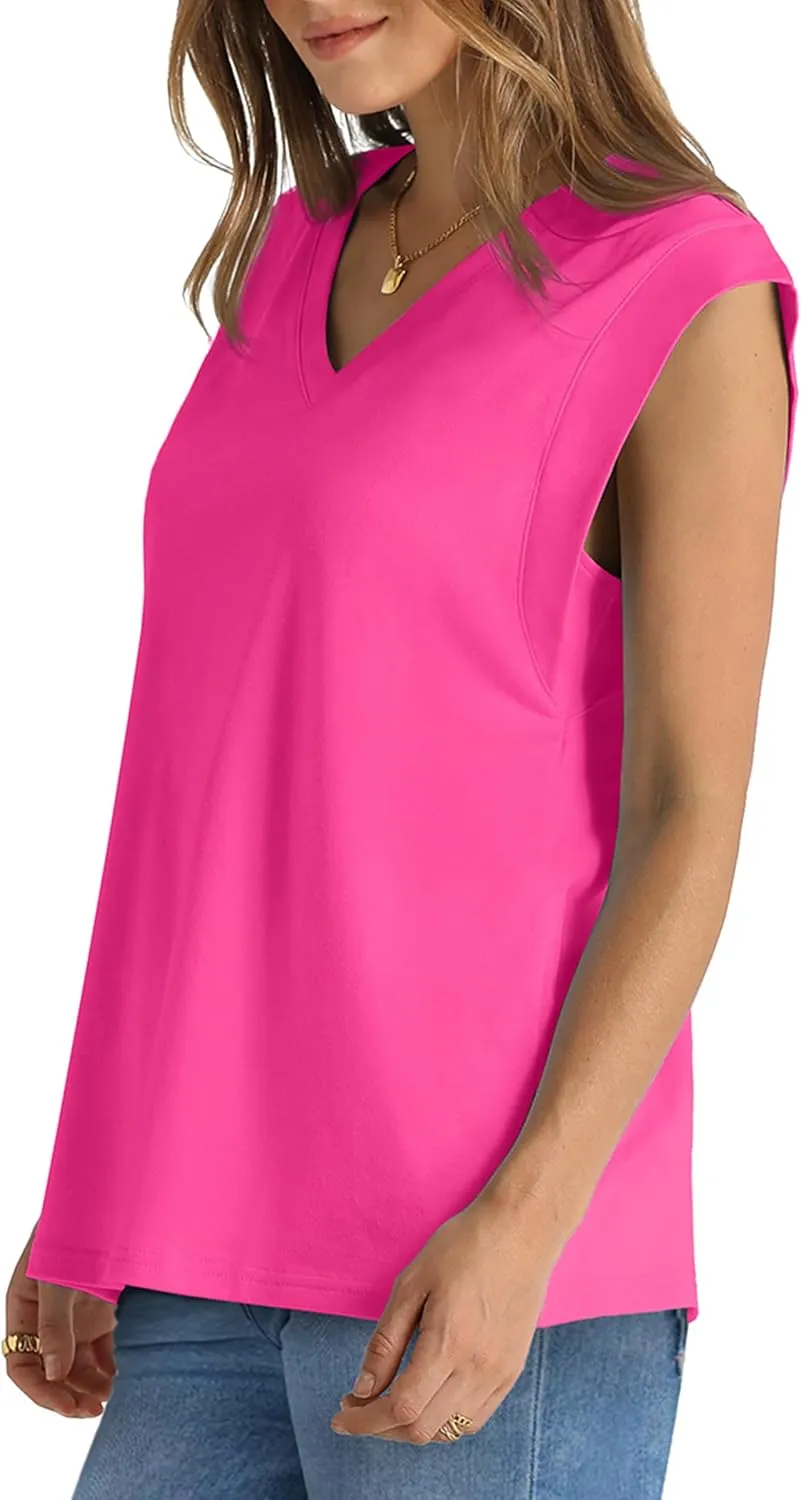 WIHOLL Womens Cap Sleeve Tops Summer V Neck Tank Basic Tee Shirts 2025 Fashion Casual Loose Fit