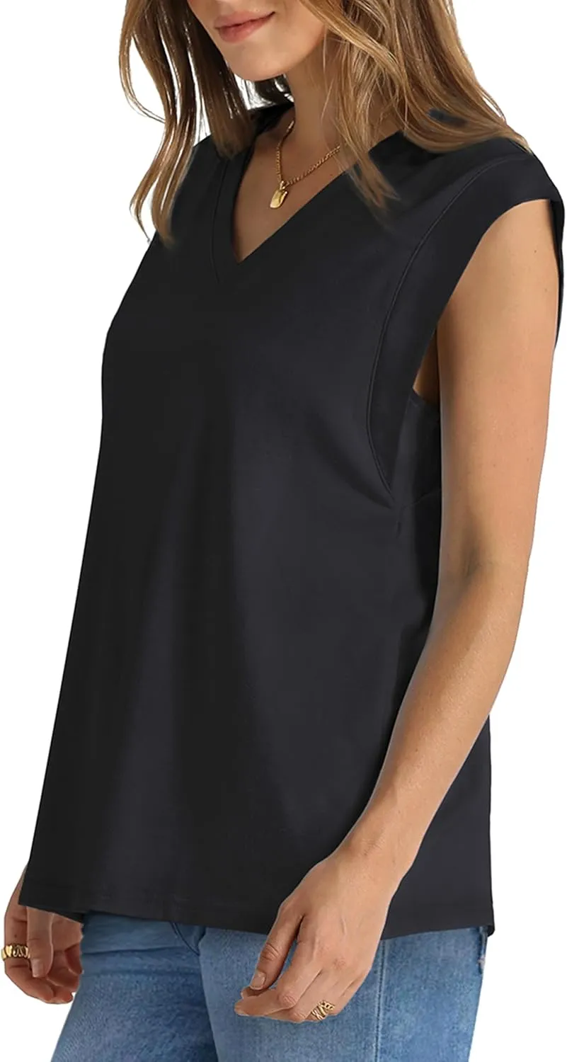 WIHOLL Womens Cap Sleeve Tops Summer V Neck Tank Basic Tee Shirts 2025 Fashion Casual Loose Fit