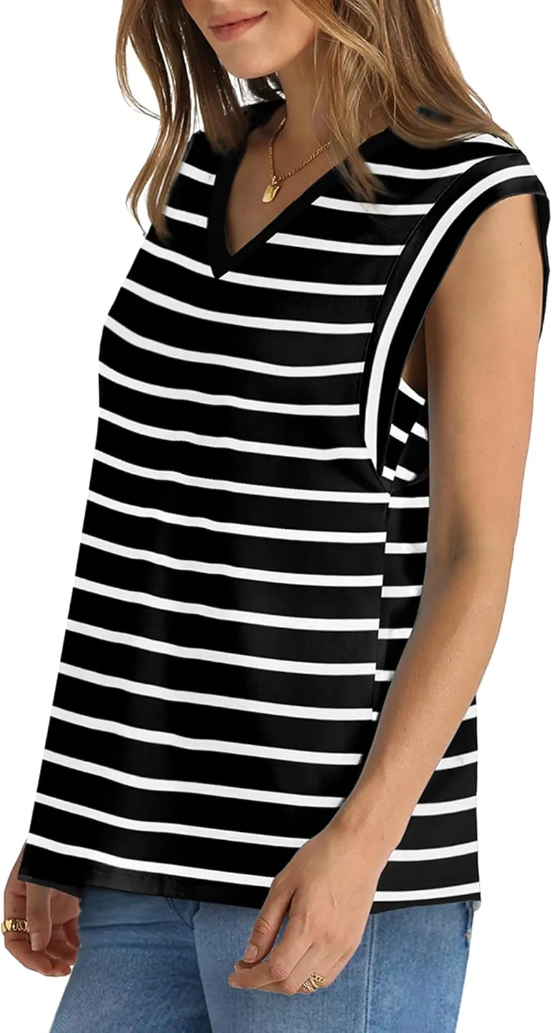 WIHOLL Womens Cap Sleeve Tops Summer V Neck Tank Basic Tee Shirts 2025 Fashion Casual Loose Fit