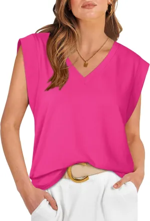 WIHOLL Womens Cap Sleeve Tops Summer V Neck Tank Basic Tee Shirts 2025 Fashion Casual Loose Fit