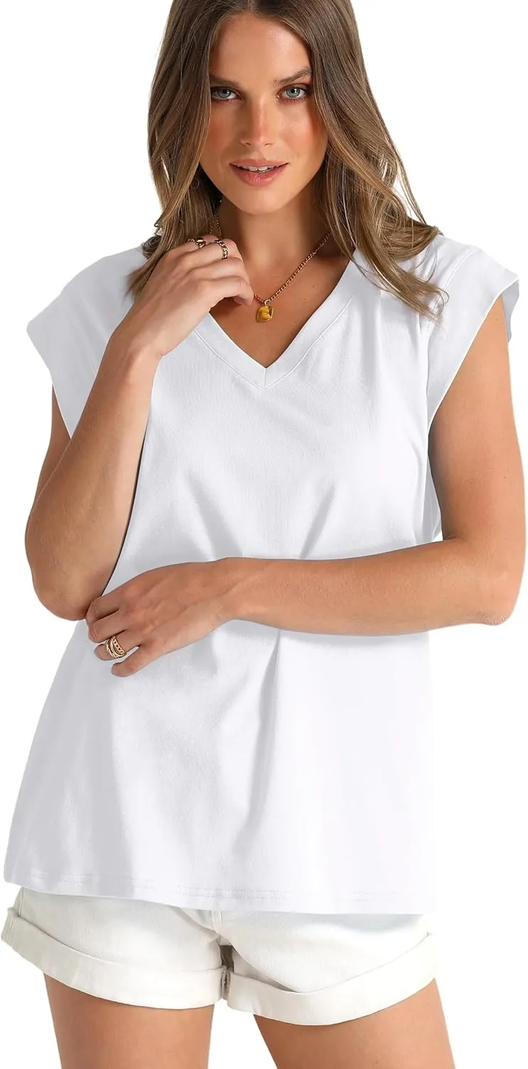 WIHOLL Womens Cap Sleeve Tops Summer V Neck Tank Basic Tee Shirts 2025 Fashion Casual Loose Fit