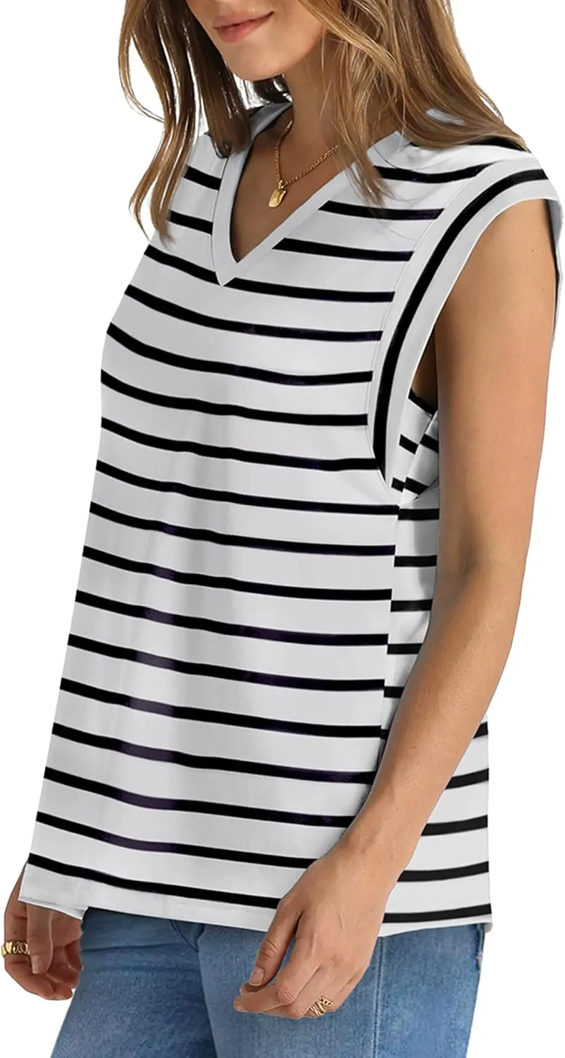 WIHOLL Womens Cap Sleeve Tops Summer V Neck Tank Basic Tee Shirts 2025 Fashion Casual Loose Fit