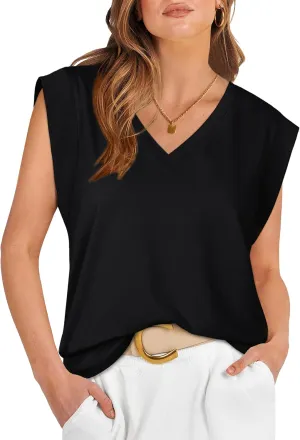 WIHOLL Womens Cap Sleeve Tops Summer V Neck Tank Basic Tee Shirts 2025 Fashion Casual Loose Fit