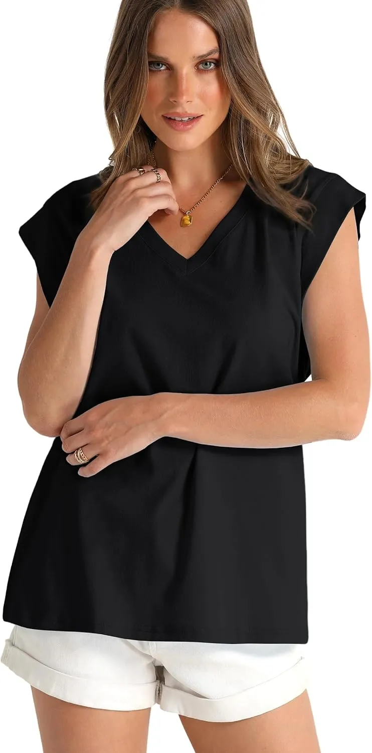 WIHOLL Womens Cap Sleeve Tops Summer V Neck Tank Basic Tee Shirts 2025 Fashion Casual Loose Fit