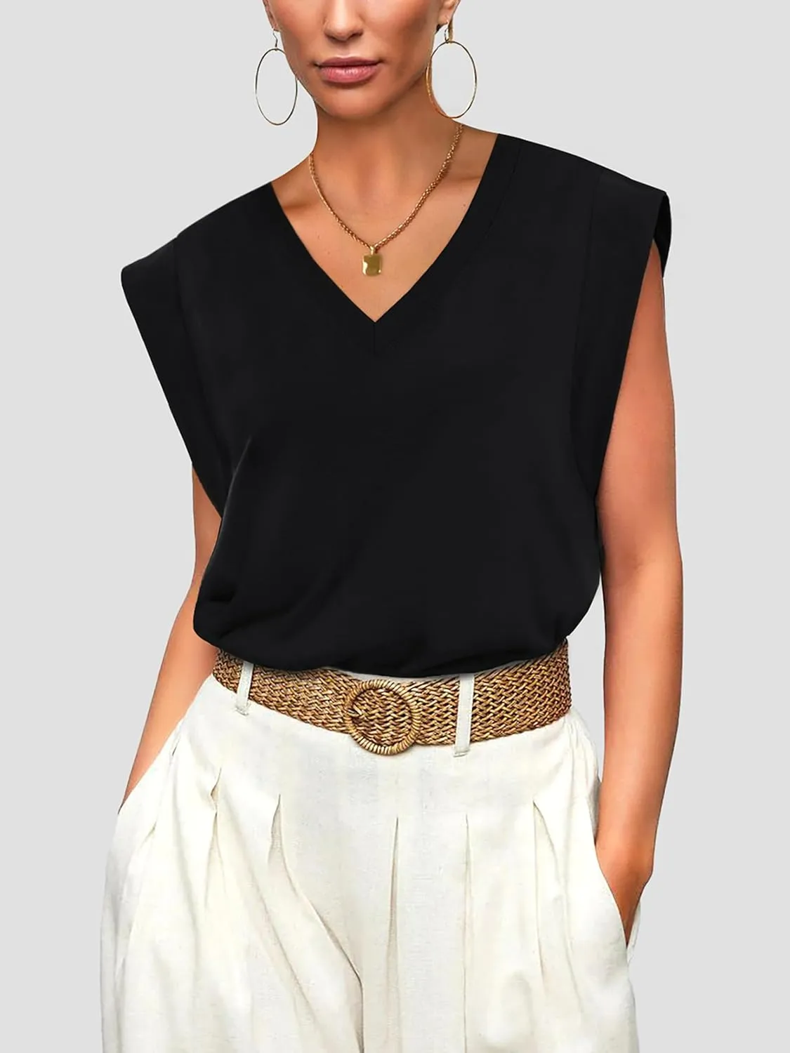 WIHOLL Womens Cap Sleeve Tops Summer V Neck Tank Basic Tee Shirts 2025 Fashion Casual Loose Fit