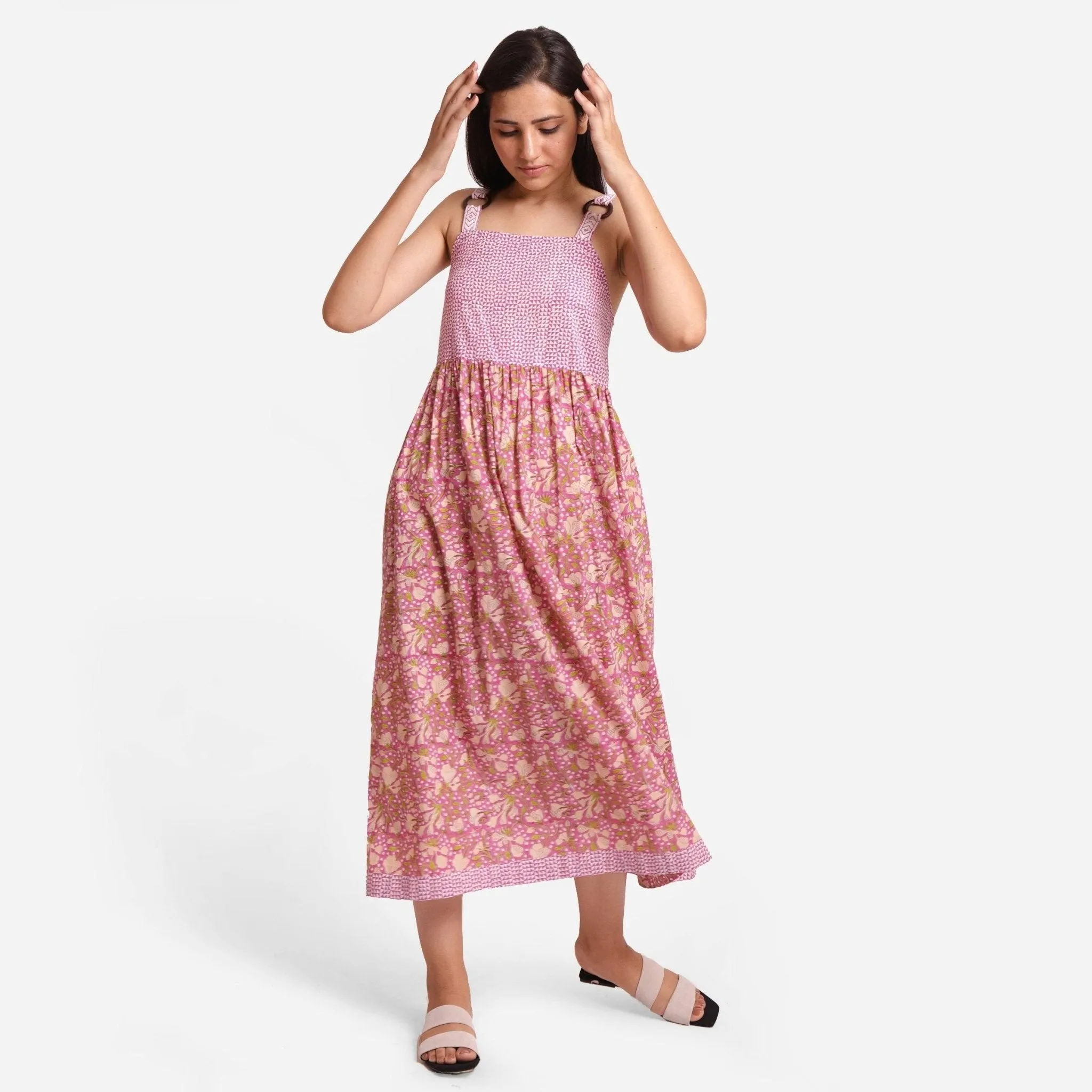 Wine Ditsy Floral Block Print Maxi Cotton Dress