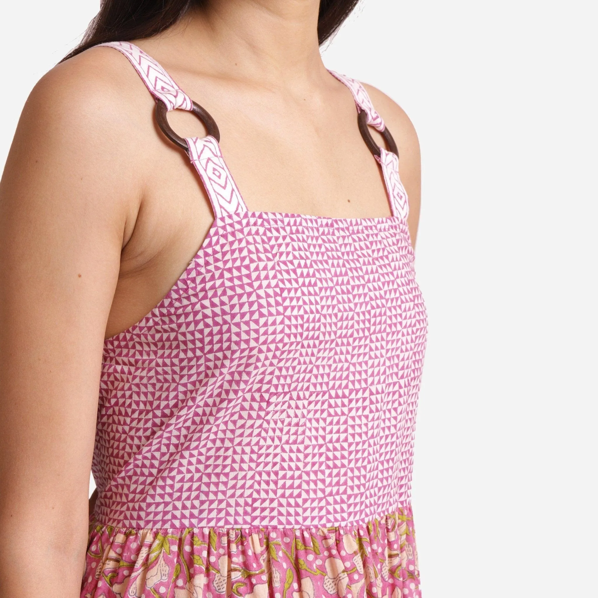 Wine Ditsy Floral Block Print Maxi Cotton Dress