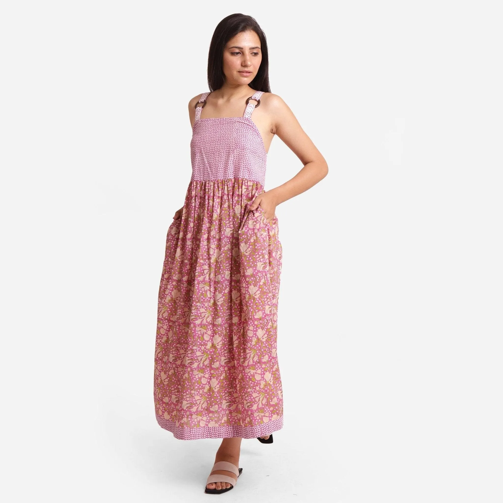 Wine Ditsy Floral Block Print Maxi Cotton Dress
