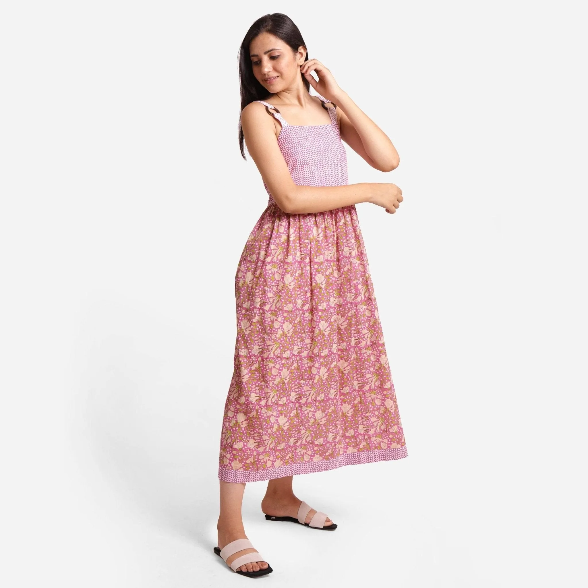 Wine Ditsy Floral Block Print Maxi Cotton Dress