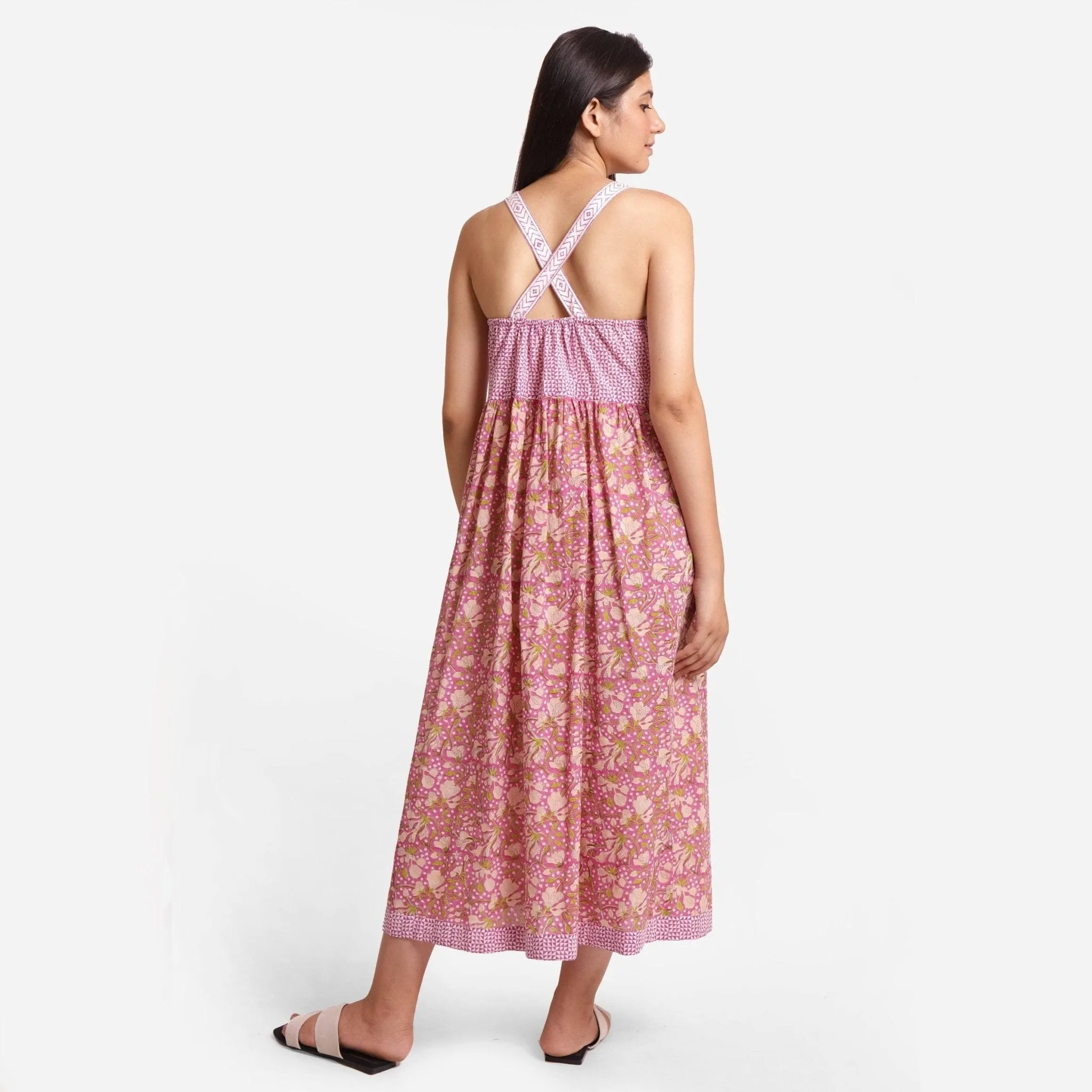 Wine Ditsy Floral Block Print Maxi Cotton Dress