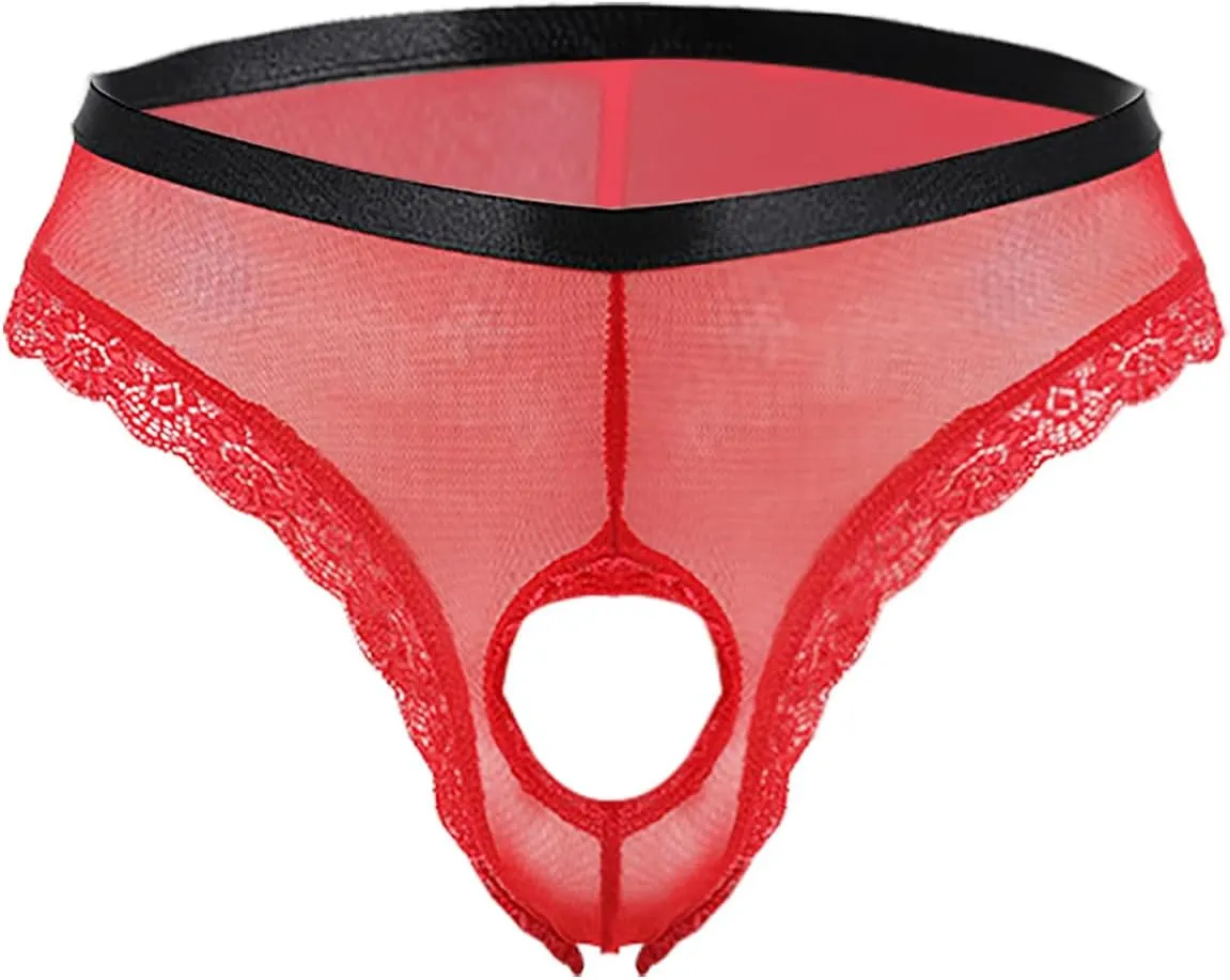 wodceeke Men's Sexy Crotchless Panties Lace Mesh Briefs Underwear See Through Sissy Thongs for Sex Naughty
