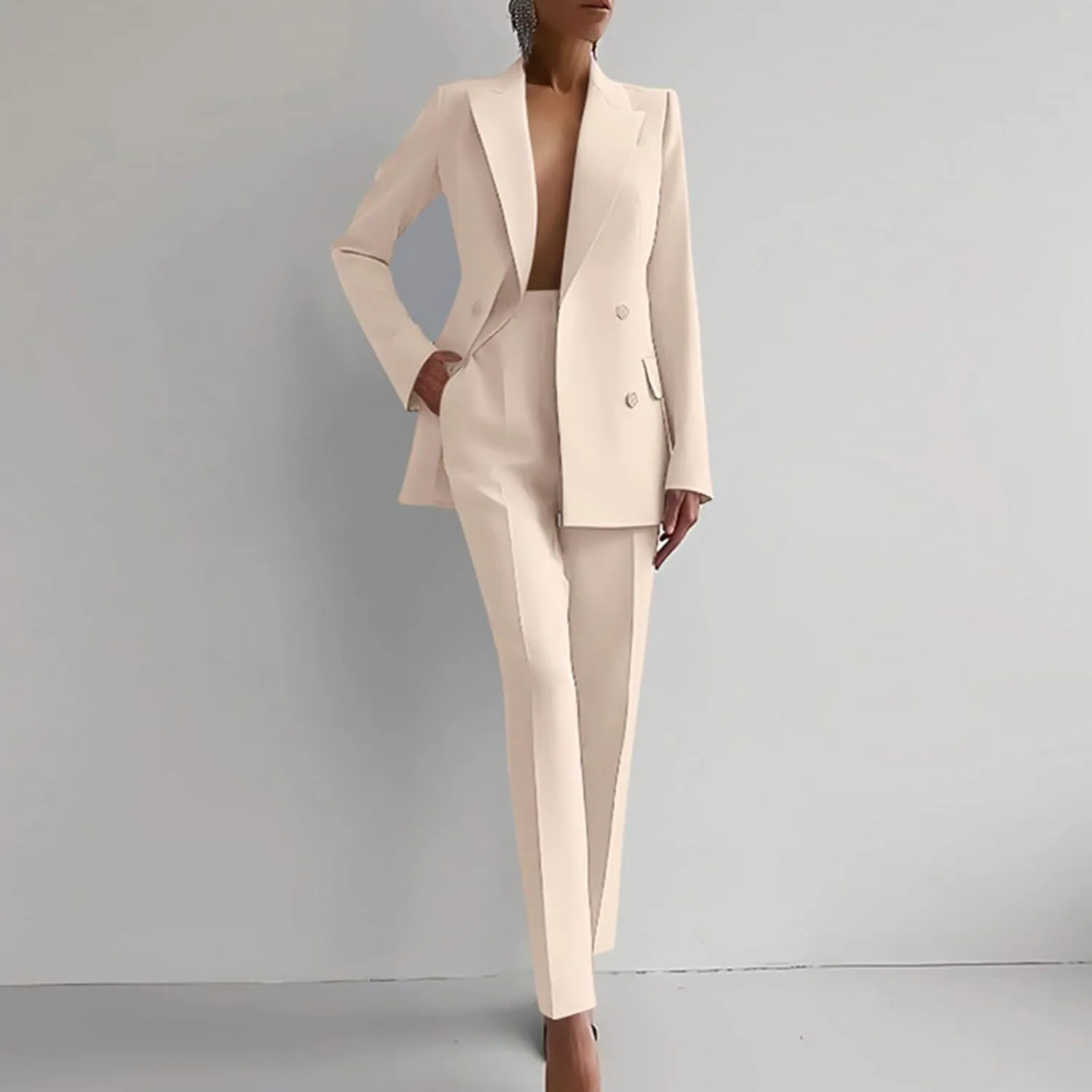 Women 2 Piece Outfits Double Breasted Blazer and Straight Leg Work Pants Casual Blazer Set Dressy Business Office Suits