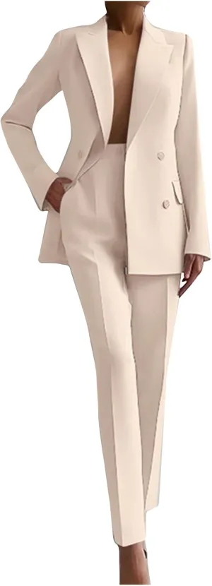Women 2 Piece Outfits Double Breasted Blazer and Straight Leg Work Pants Casual Blazer Set Dressy Business Office Suits
