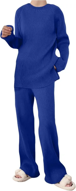 Women 2 Piece Outfits Oversized Long Sleeve Cable Knit Pullover Sweater Top Wide Leg Pants Matching Set