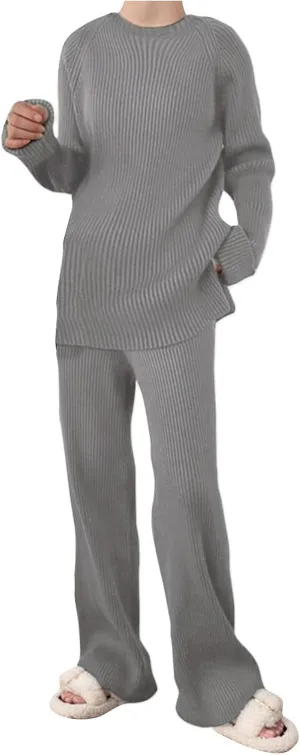 Women 2 Piece Outfits Oversized Long Sleeve Cable Knit Pullover Sweater Top Wide Leg Pants Matching Set