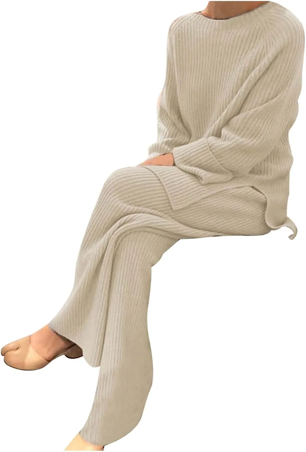 Women 2 Piece Outfits Oversized Long Sleeve Cable Knit Pullover Sweater Top Wide Leg Pants Matching Set