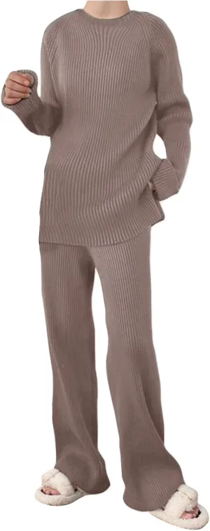 Women 2 Piece Outfits Oversized Long Sleeve Cable Knit Pullover Sweater Top Wide Leg Pants Matching Set