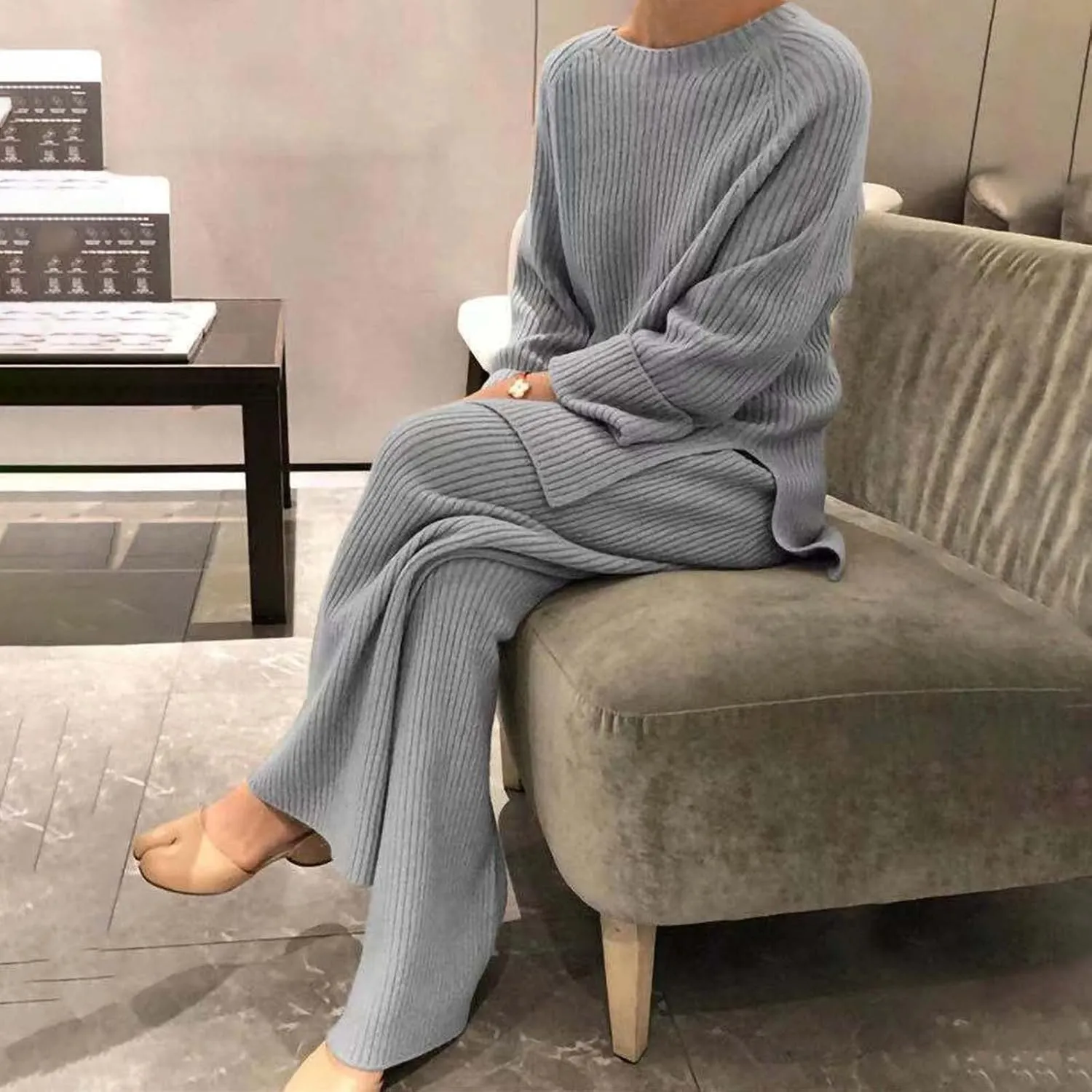 Women 2 Piece Outfits Oversized Long Sleeve Cable Knit Pullover Sweater Top Wide Leg Pants Matching Set
