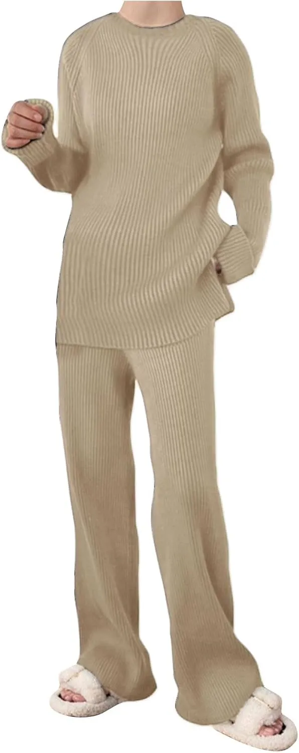 Women 2 Piece Outfits Oversized Long Sleeve Cable Knit Pullover Sweater Top Wide Leg Pants Matching Set