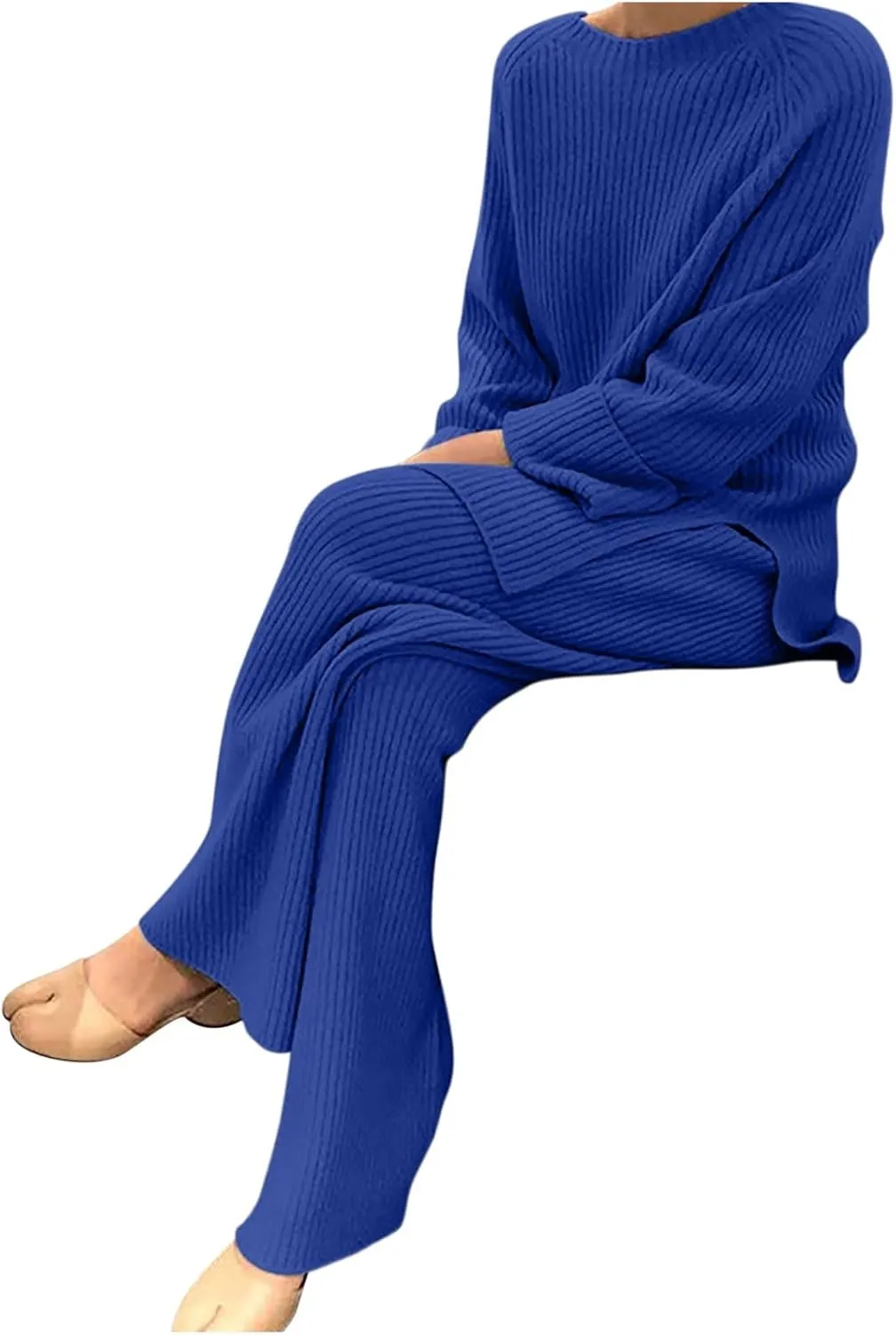 Women 2 Piece Outfits Oversized Long Sleeve Cable Knit Pullover Sweater Top Wide Leg Pants Matching Set