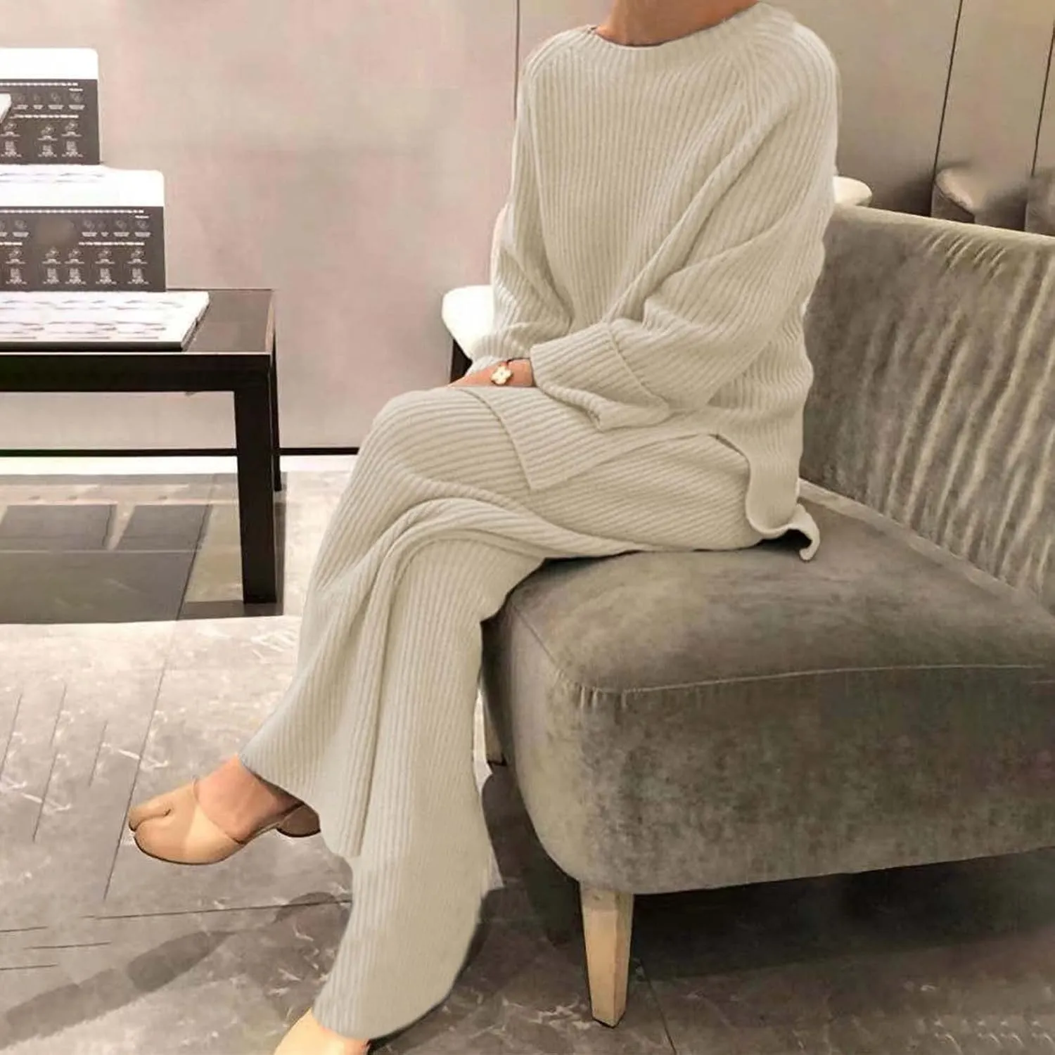 Women 2 Piece Outfits Oversized Long Sleeve Cable Knit Pullover Sweater Top Wide Leg Pants Matching Set